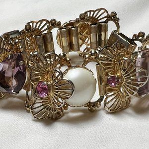 Vintage ornate fashion bracelet with faux Amethysts and Pearls excellent cond